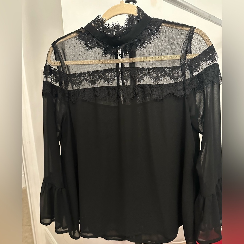 NEW YORK & COMPANY Black Tops Womens Size XS Ruffle Sleeve Pearl Button Blouse